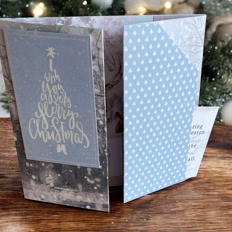Gate Fold Journal Style Christmas Card. Reindeer Design with Gift Card Slot