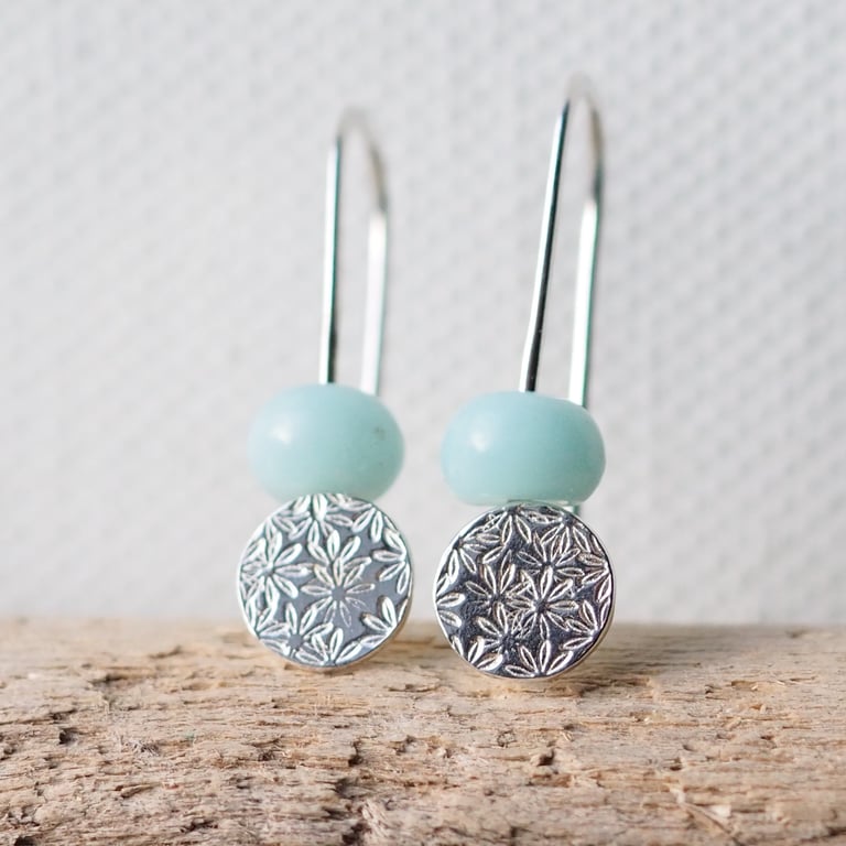 Sterling silver daisy drop earrings with pale blue jasper beads
