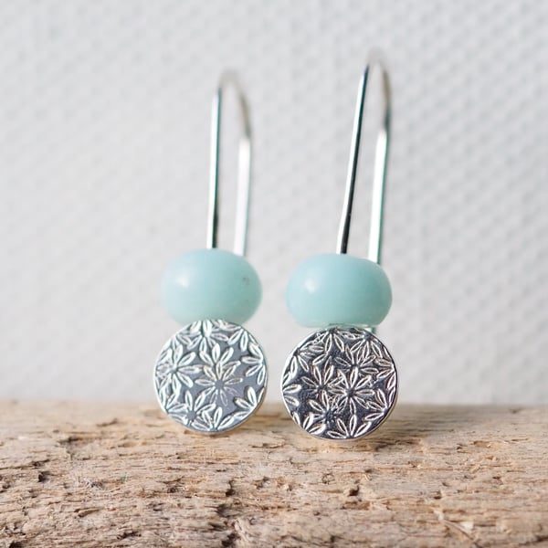Sterling silver daisy drop earrings with pale blue jasper beads