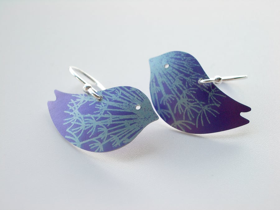 Bird earrings with dandelion clock print in purple