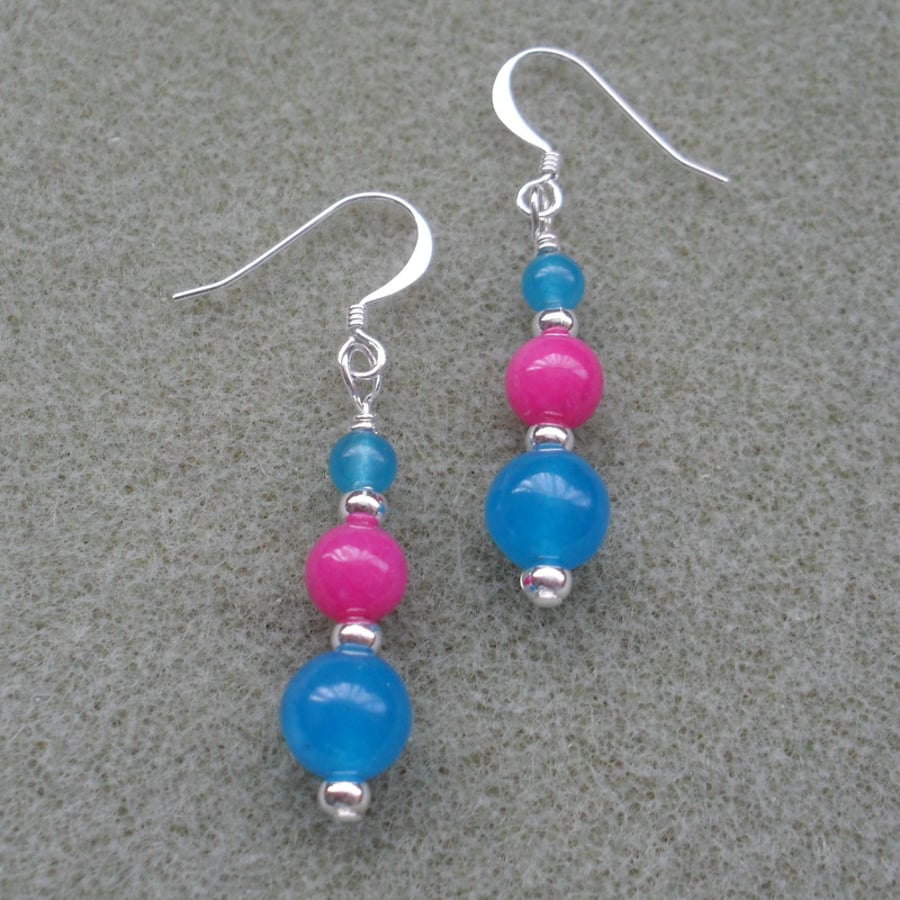 Quartz dangle Earrings Blue and Deep Pink Silver Plated