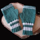 Fingerless Mittens, Mitts, Gloves, Unisex, 4 Sizes, Green & Silver Stripes
