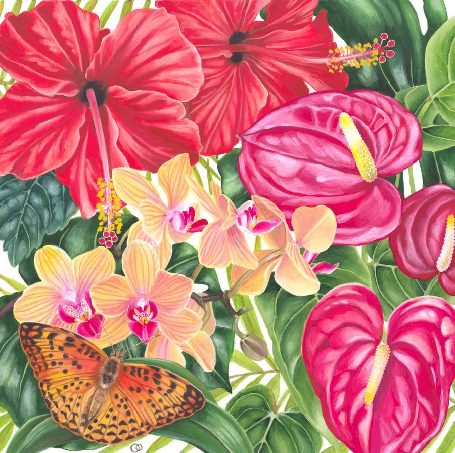 Tropical Garden Floral Art Square Handmade Greeting Card