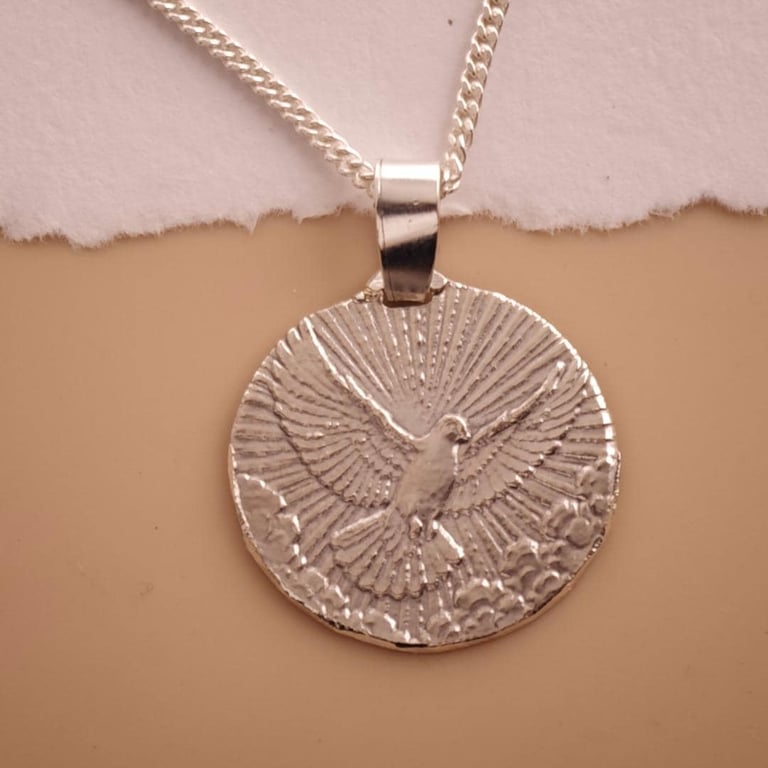 Sterling Silver Dove Necklace Descending From Above Engraved Gift