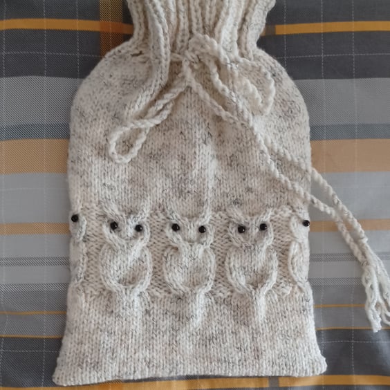 Hot Water Bottle Cover Only Knitted In Beige Grey Aran With Owl Pattern (R861A)