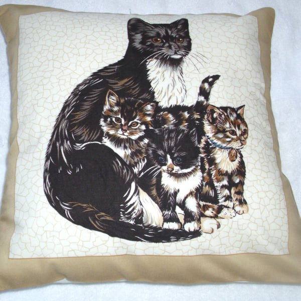 Lovely Black and white cat with her kittens cushion