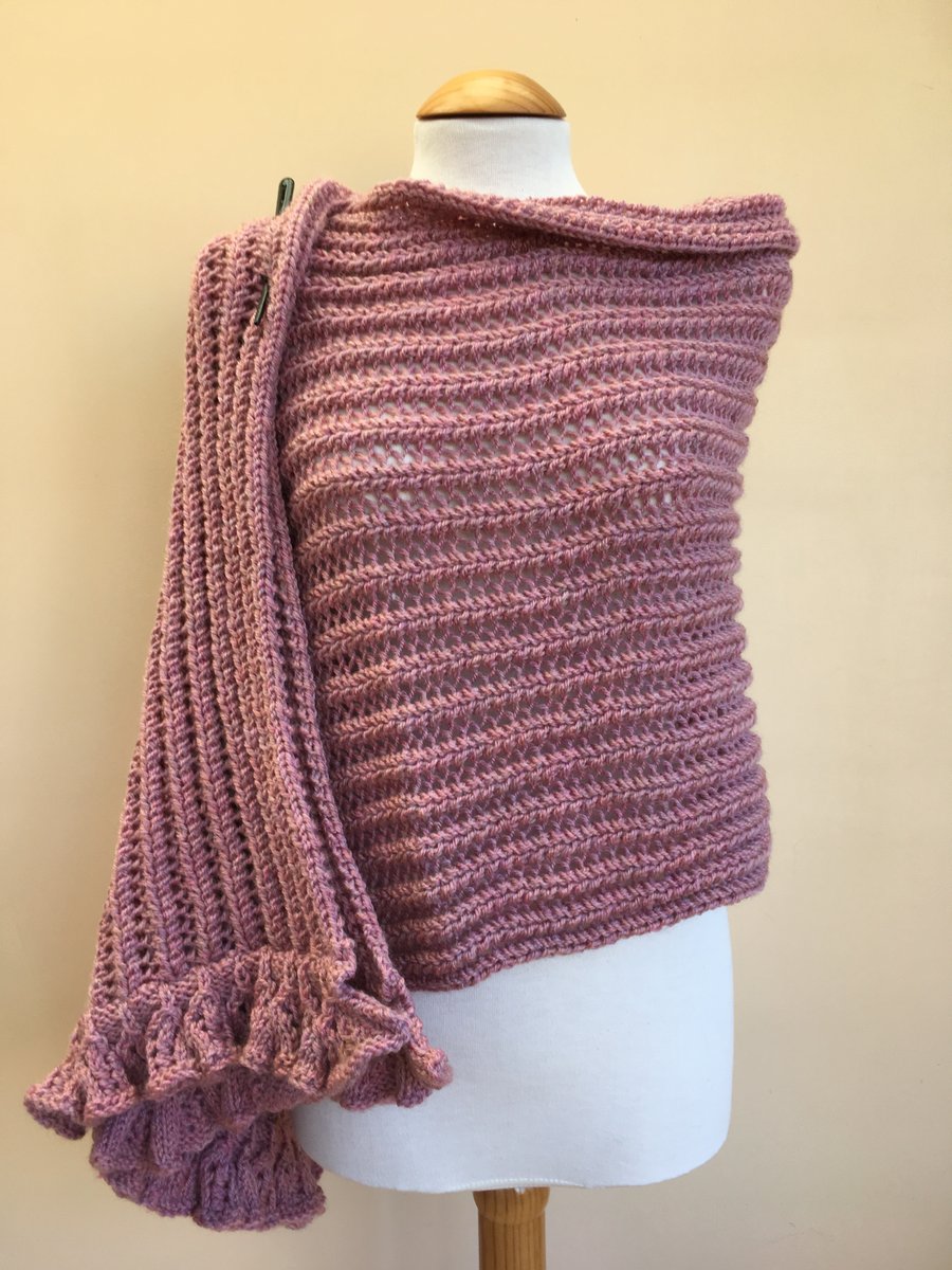 Handknitted Old Rose Soft Plum Lace Shawl with Bell Trimmings