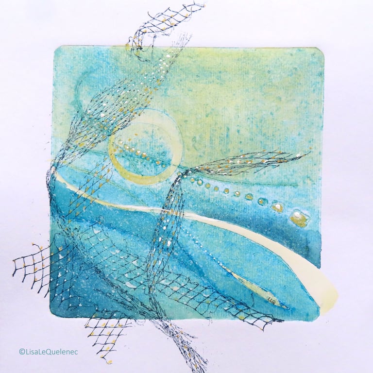 Norse mythology inspired mixed media ocean art dawn sea and netting