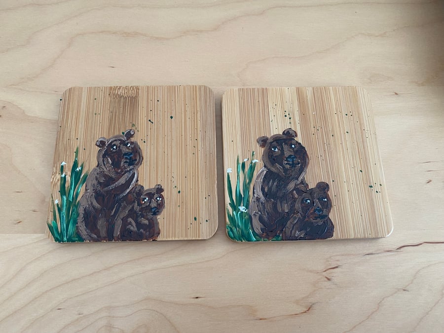 Father’s Day hand painted bear and leaf bamboo coasters 