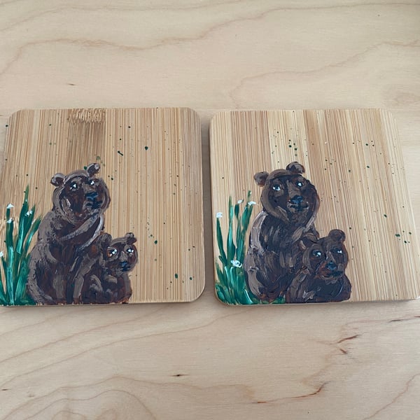 Father’s Day hand painted bear and leaf bamboo coasters 