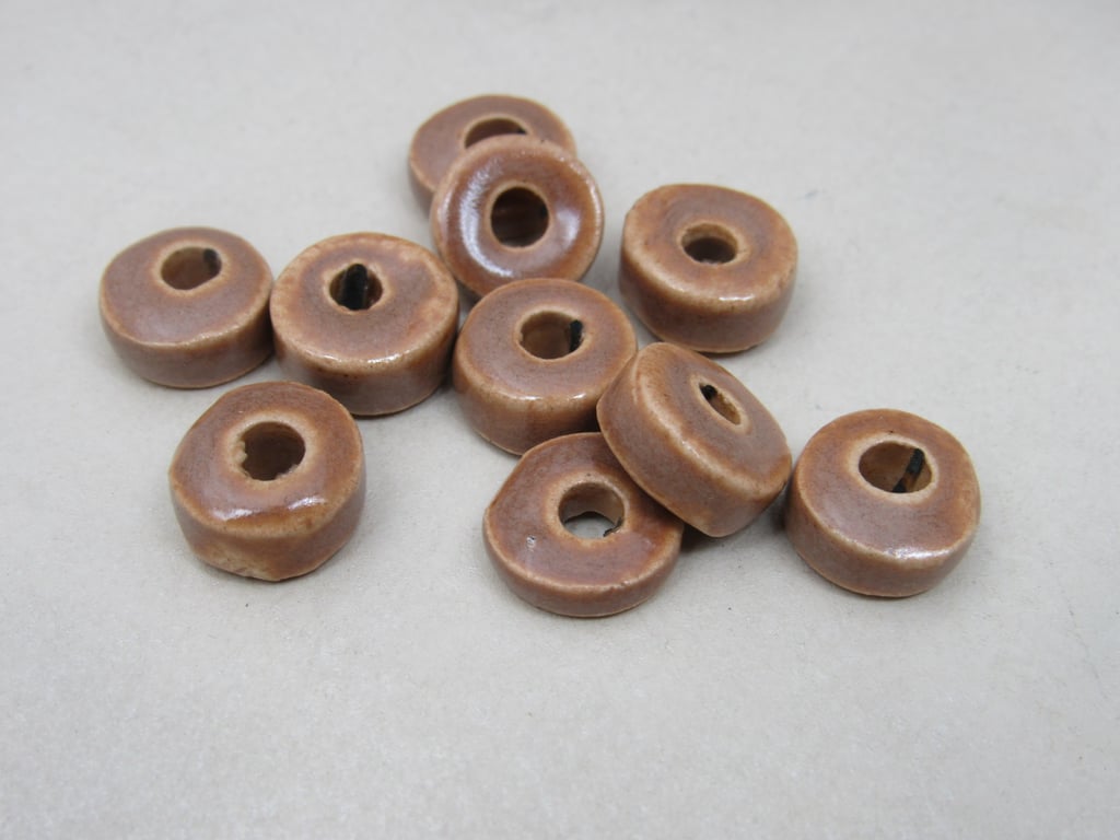 10 Small Sand Brown Glazed Ceramic Washer Beads