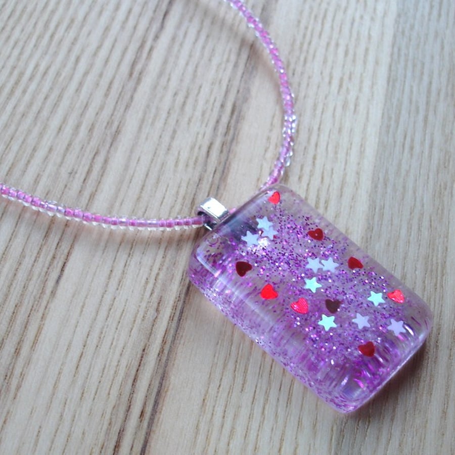 Hearts and Flowers Sparkle Resin Pendant