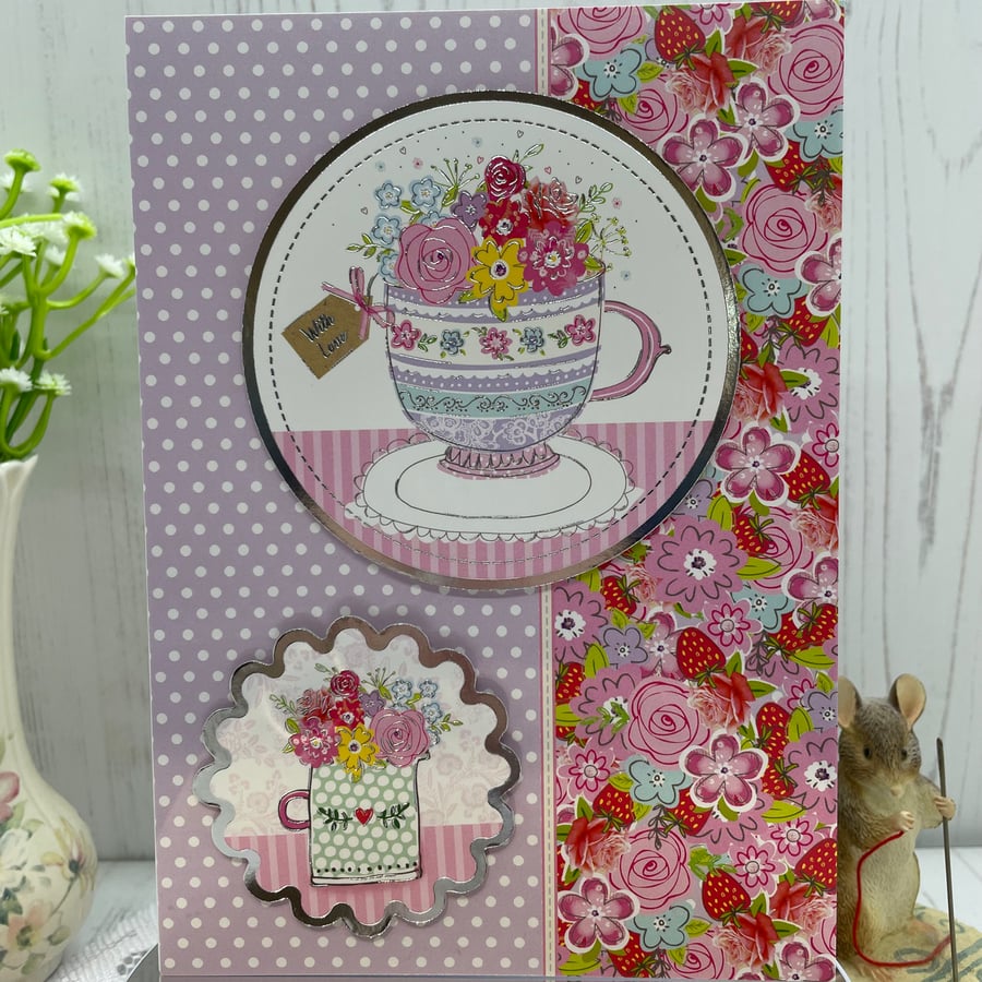 Tea cup and flowers greeting card  C - 80