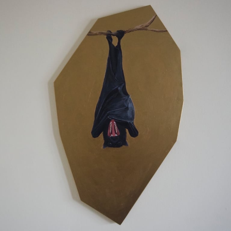 Hanging bat animal original acrylic painting gothic coffin shape gold metallic.