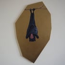 Hanging bat animal original acrylic painting gothic coffin shape gold metallic.