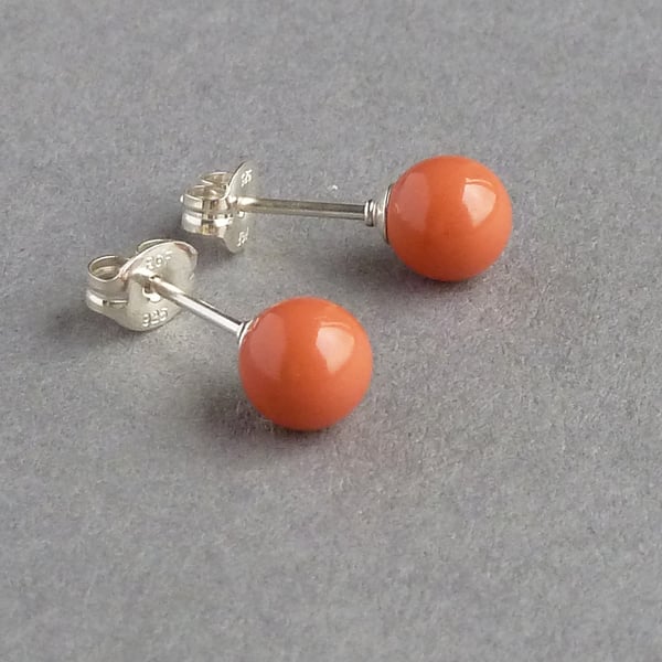 Orange Coral Stud Earrings - 6mm Salmon Peach Pearl Studs - Women's Jewellery