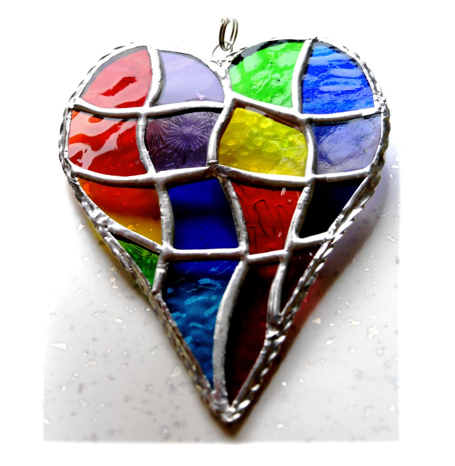 Patchwork Heart Suncatcher Stained Glass Handmade Rainbow 039