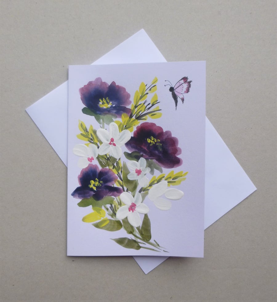 hand painted floral blank greetings card ( ref F 807 J2 )