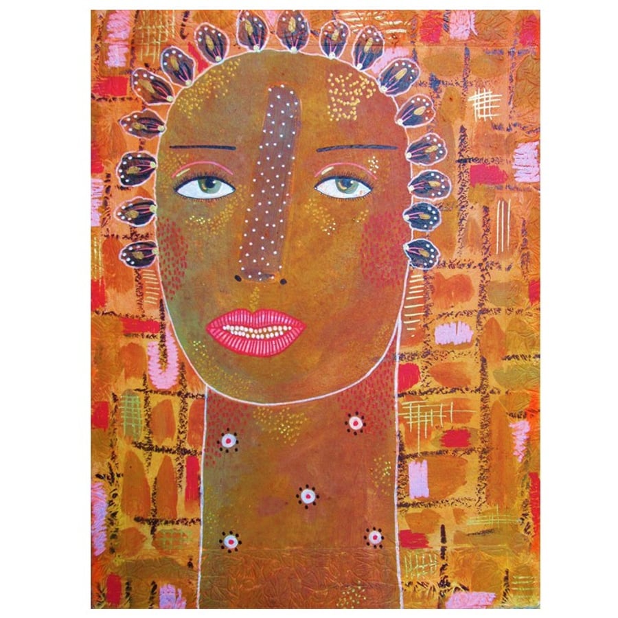 Naive Portrait Painting Brown Orange Female Girl Face Primitive Folk Art Style