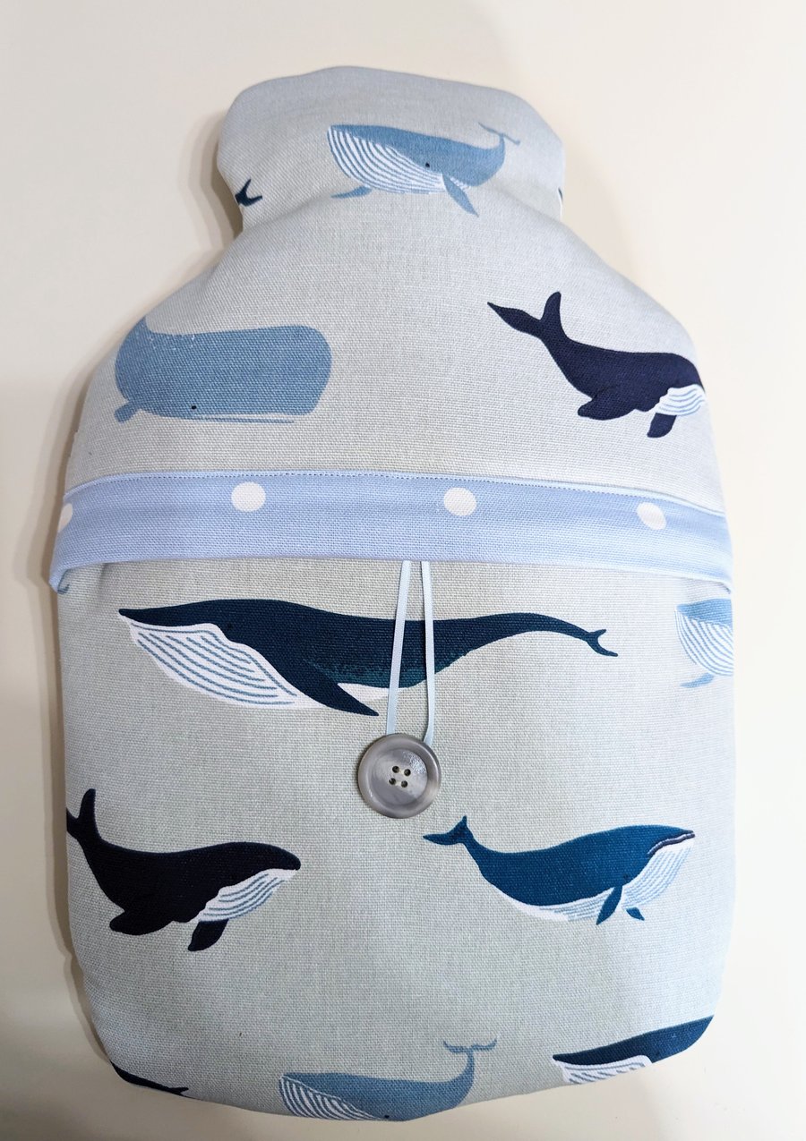 Hot water bottle cover in Sophie Allport Whales fabric 