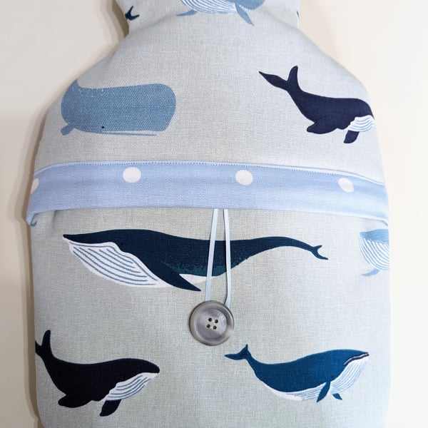 Hot water bottle cover in Sophie Allport Whales fabric 