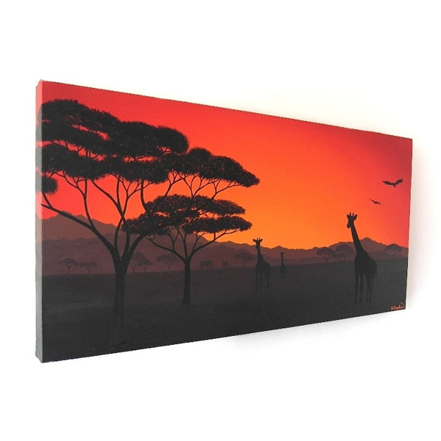 African Landscape Original Acrylic Painting - sunset with giraffe silhouettes