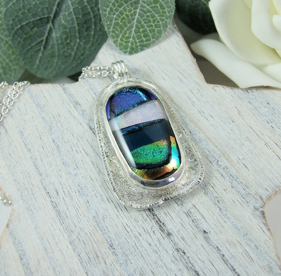 Dichroic Glass Necklace, Sterling Silver Abstract Seascape Pendant