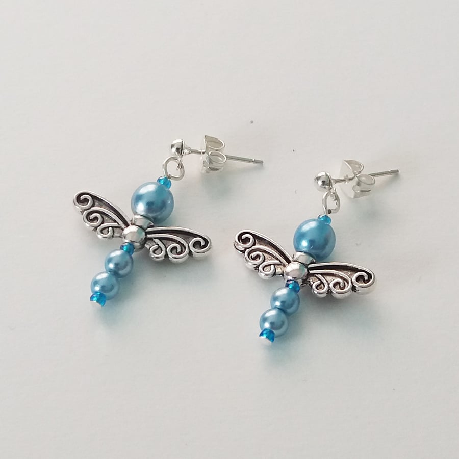 Pearly Dragonfly Earrings-Pastel Blue