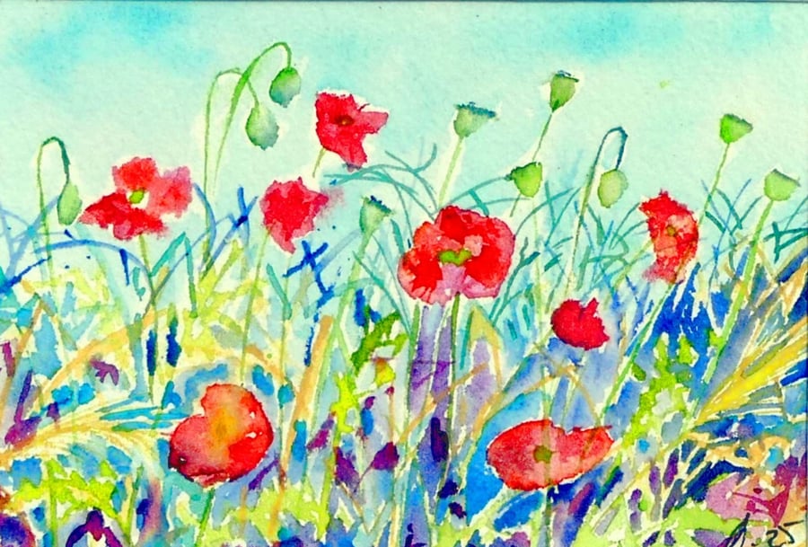 Framed Impressionist Watercolour of Wild Field Poppies