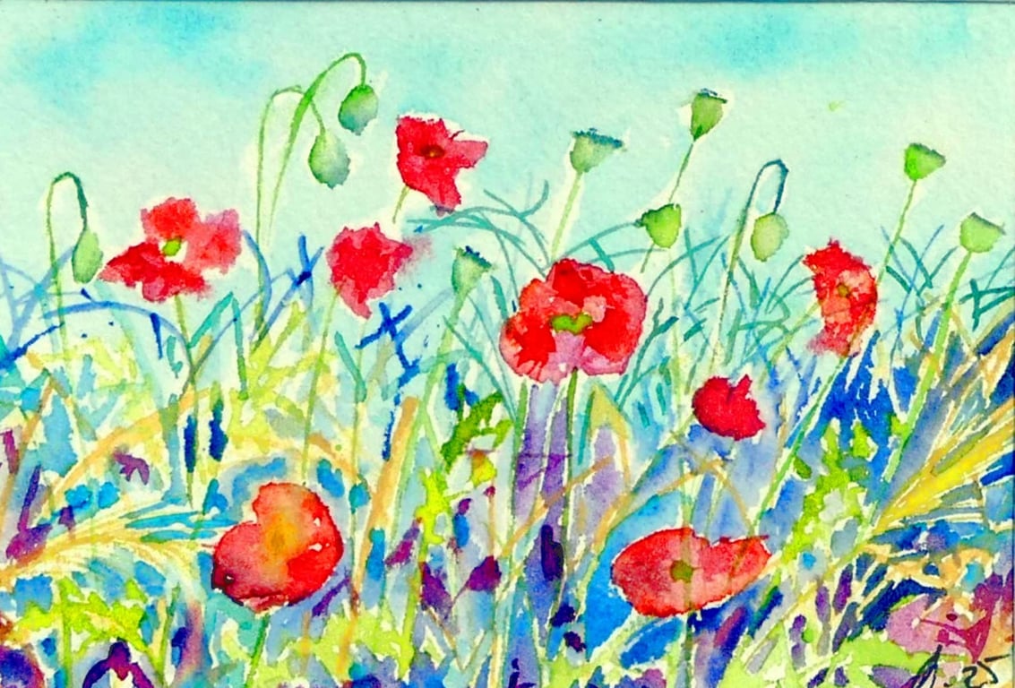 Framed Impressionist Watercolour of Wild Field Poppies