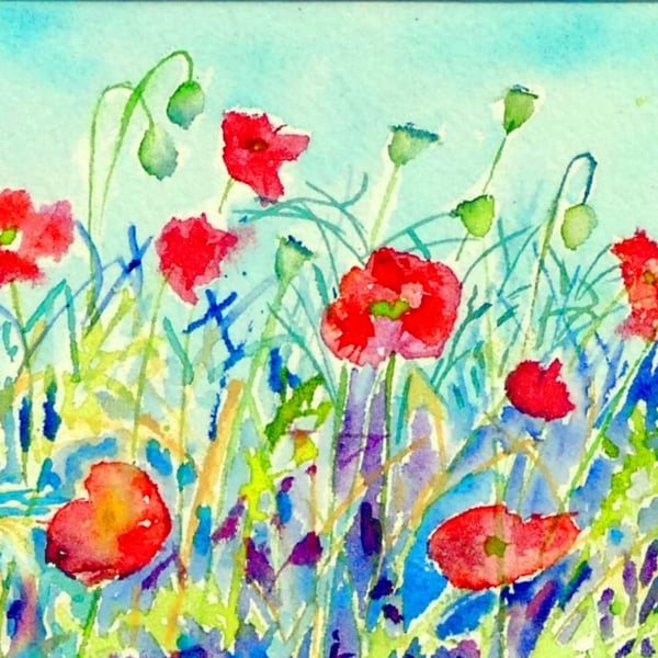 Framed Impressionist Watercolour of Wild Field Poppies