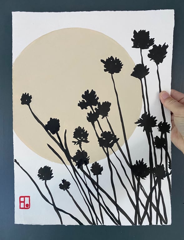 Botanical art, Garden Chives, ink shadow painting, original, handmade, signed