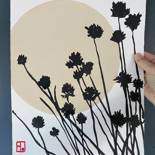 Botanical art, Garden Chives, ink shadow painting, original, handmade, signed