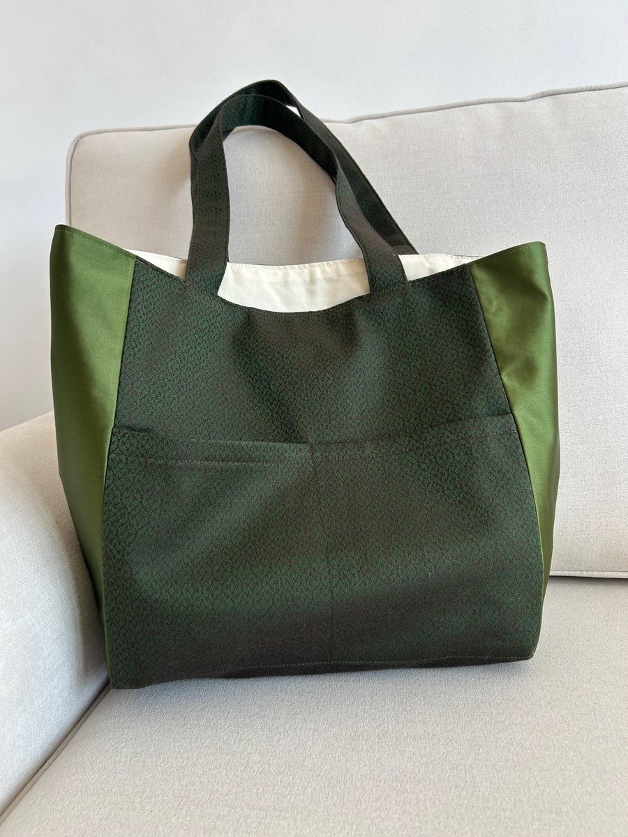 Green Jacquard Wool Linen Tote, Silk Accents, Unique Lined Bag