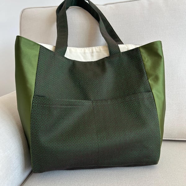 Green Jacquard Wool Linen Tote, Silk Accents, Unique Lined Bag