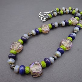 lampwork glass beaded necklace, green and purple