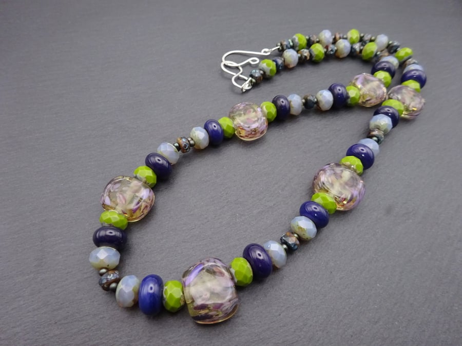 lampwork glass beaded necklace, green and purple