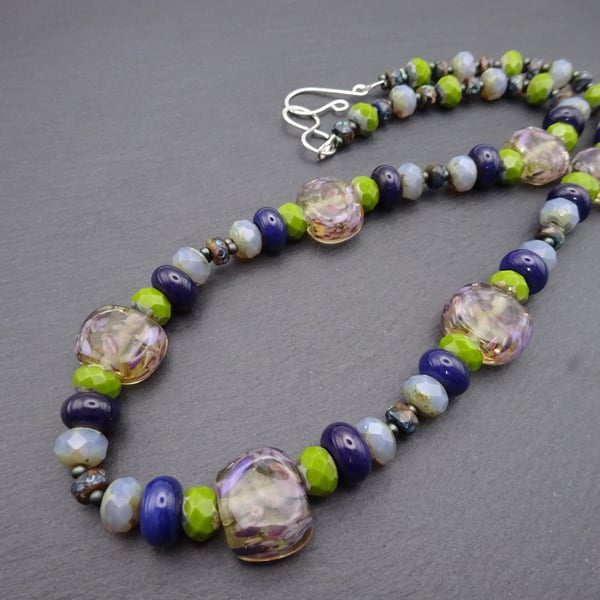 lampwork glass beaded necklace, green and purple