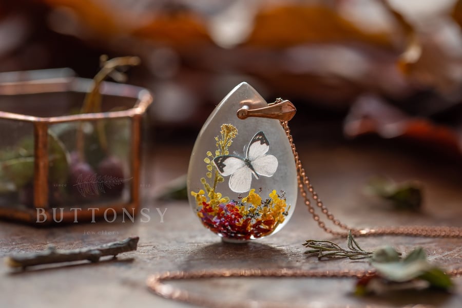 Autumn Butterfly Necklace Real Flower Necklace Gifts for Her Butterfly Garden Pr
