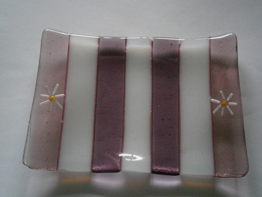 Plum and white fused glass soap dish