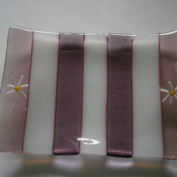 Plum and white fused glass soap dish