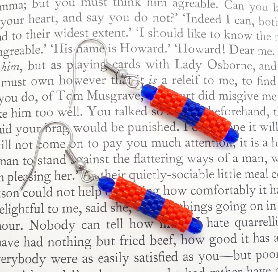 Red and Blue Striped Beadwoven Dangly Tube Earrings, Surgical Steel Earwires
