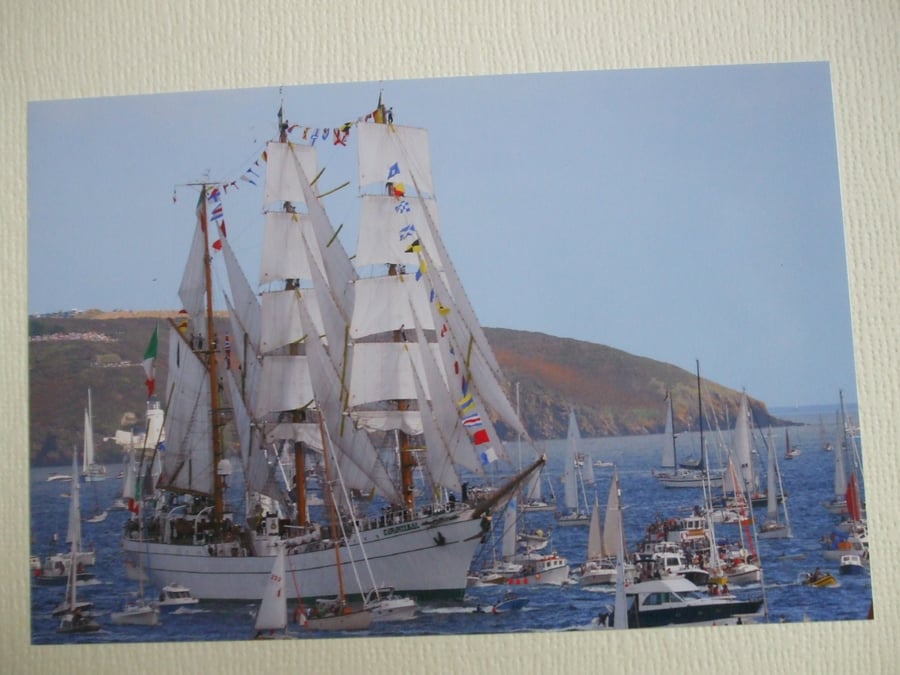 Photo greetings card of Tall Ship "Cuauhtenoc" in the Parade of Sail, Falmouth.