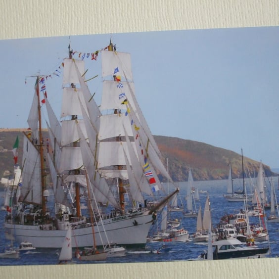Photo greetings card of Tall Ship "Cuauhtenoc" in the Parade of Sail, Falmouth.