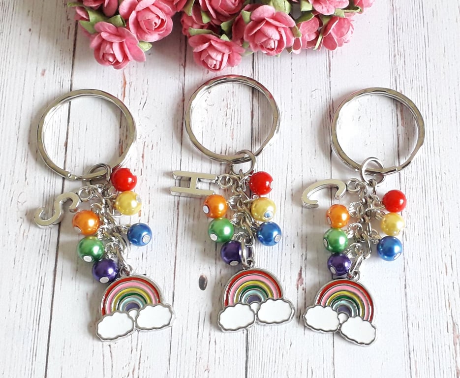 Rainbow Charm & Initial Beaded Keyring