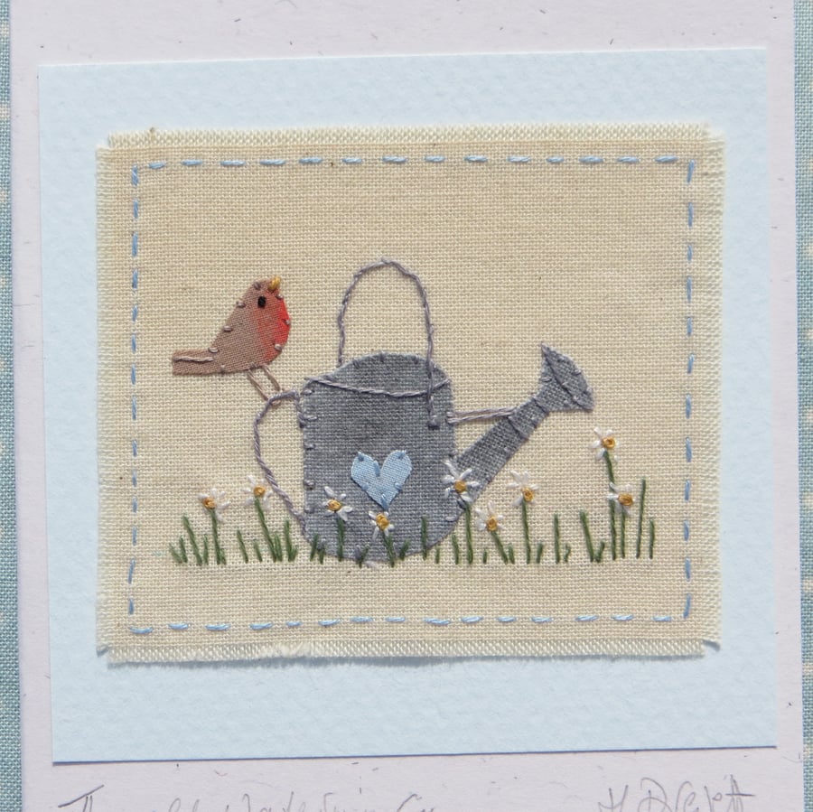 Old watering Can hand-stitched miniature on card - great to keep and frame!
