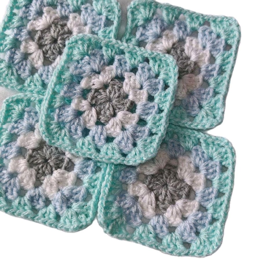 Handmade Crochet Granny Squares Misty Lagoon Teal Blue Gray, 3-inch Motifs