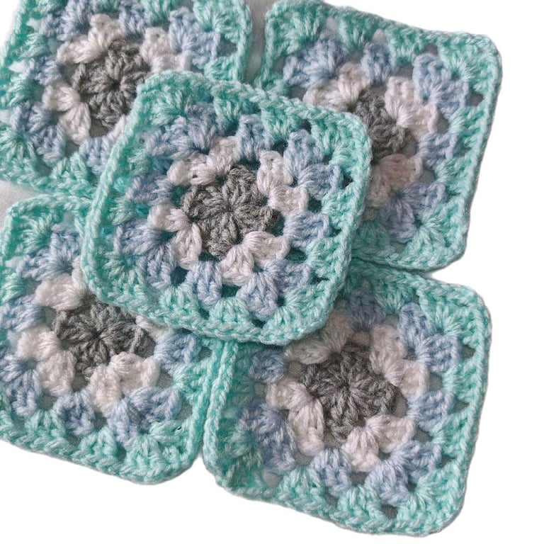 Handmade Crochet Granny Squares Misty Lagoon Teal Blue Gray, 3-inch Motifs