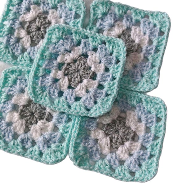 Handmade Crochet Granny Squares Misty Lagoon Teal Blue Gray, 3-inch Motifs