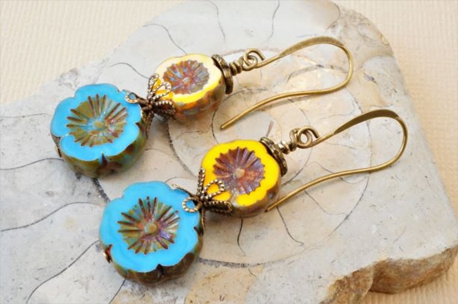 Blue and yellow Czech glass earrings with Picasso finish flowers.